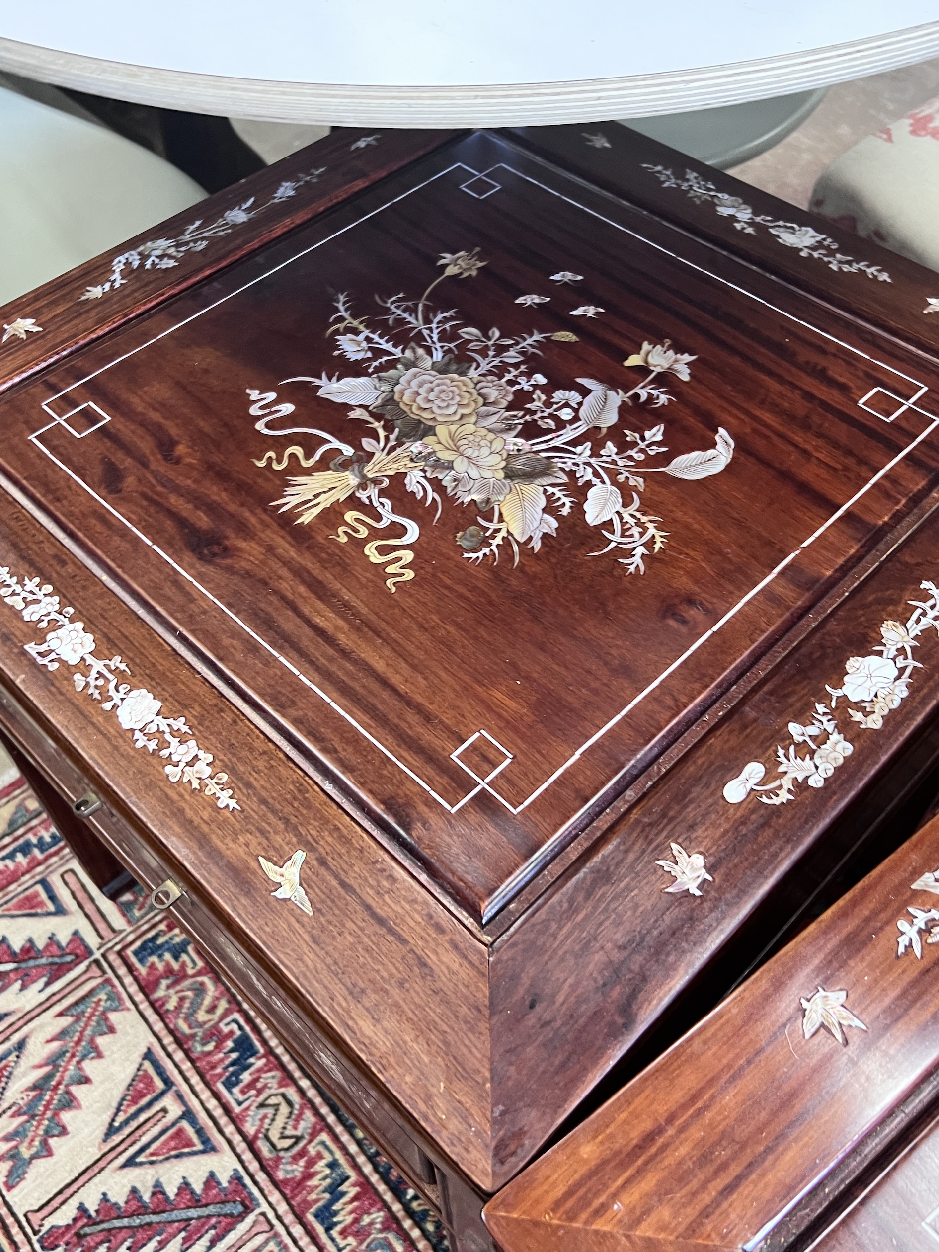 A pair of Chinese mother of pearl inlaid square hardwood occasional tables, width 50cm, height 56cm